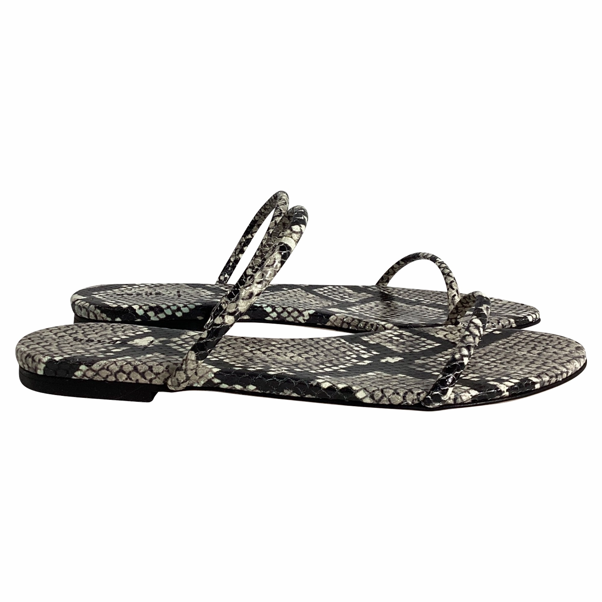 Aeyde Alek Snake Printed Slides in Black Leather