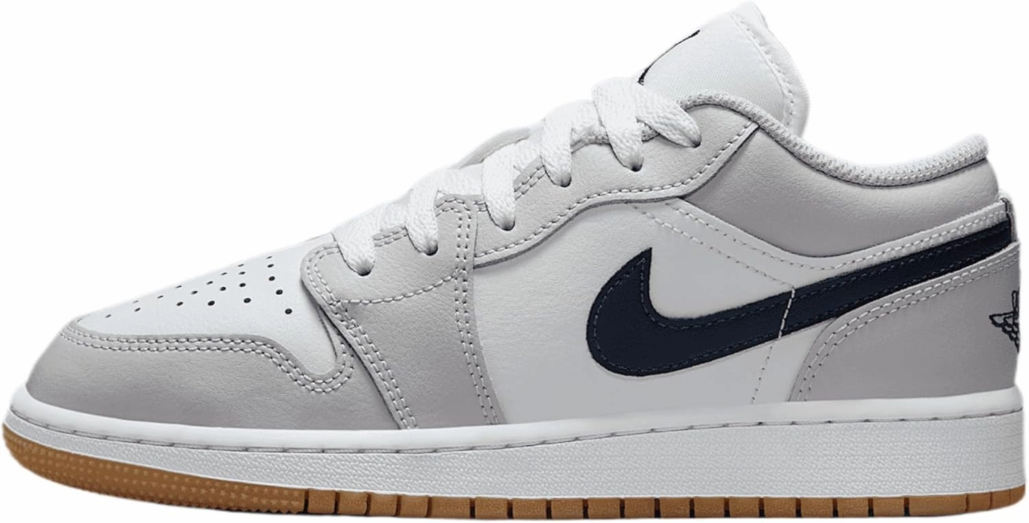 Air Jordan 1 Low Big Kids' Shoes (553560-146, White/Neutral Grey/Gum Medium Brown/Midnight Navy)