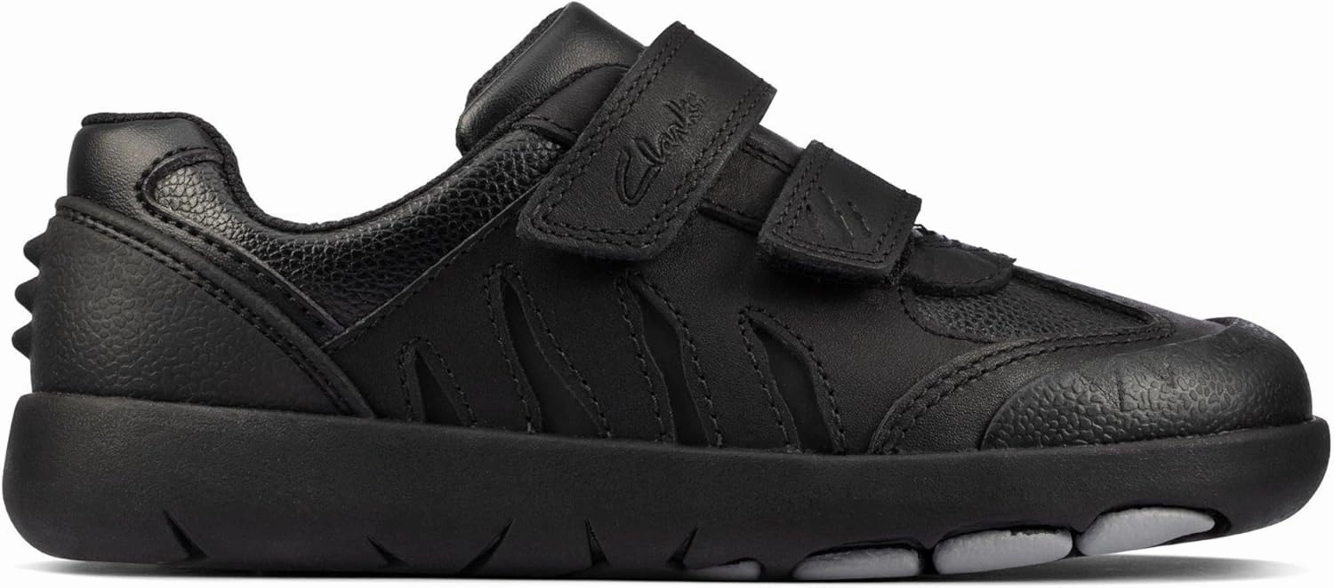 Clarks School K, Clarks Rex Stride Kids Black Leather-Black-F (Standard) -10 UK / 28 EU Unisex Kids