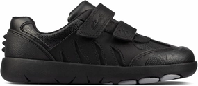 Clarks School K, Clarks Rex Stride Kids Black Leather-Black-F (Standard) -10 UK / 28 EU Unisex Kids
