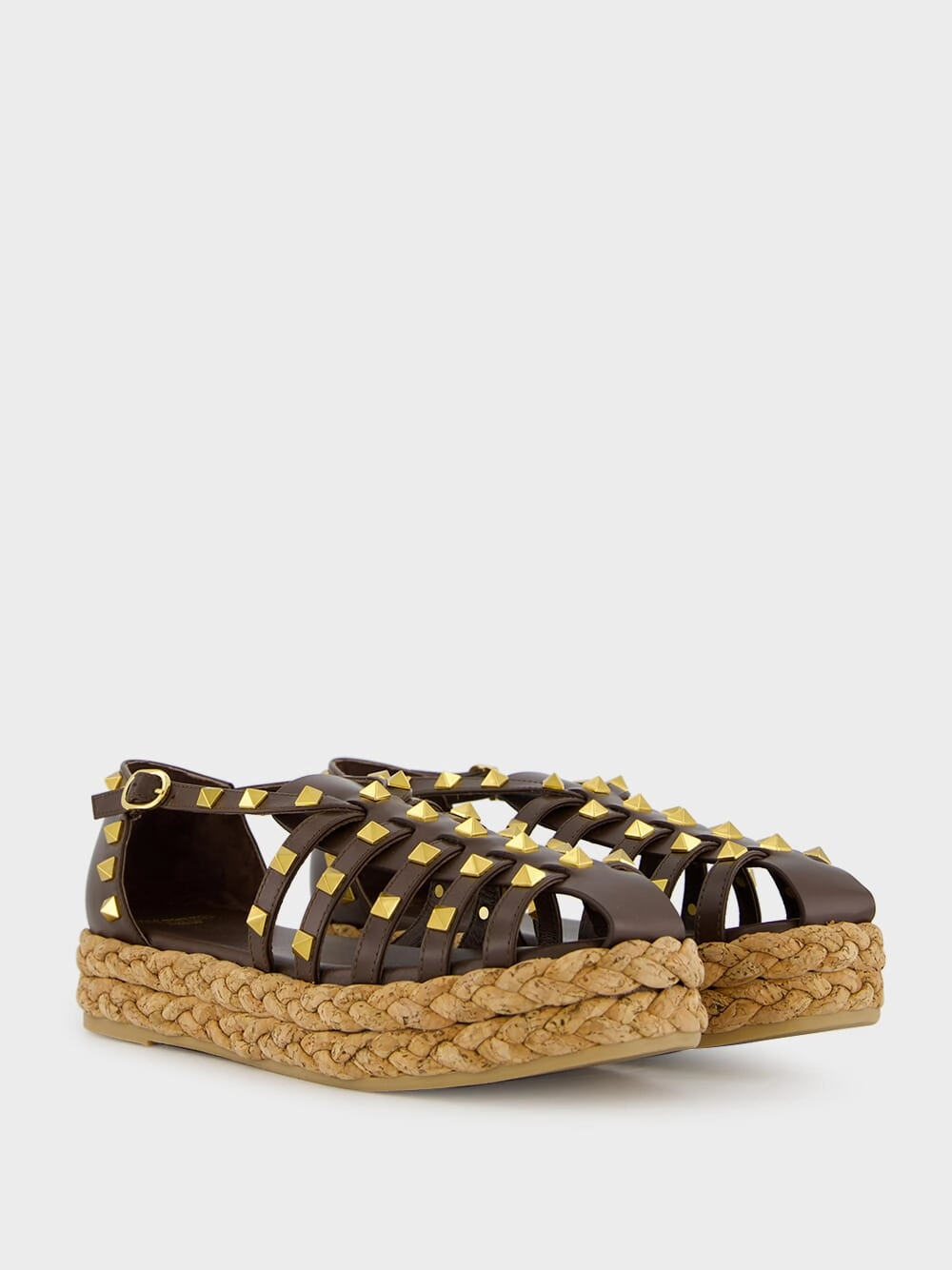 Dark Brown Rockstud Flat Espadrille Sandals