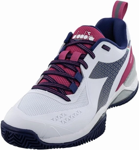 Diadora Women`s Blushield Torneo 2 Clay Tennis Shoes White and Blueprint