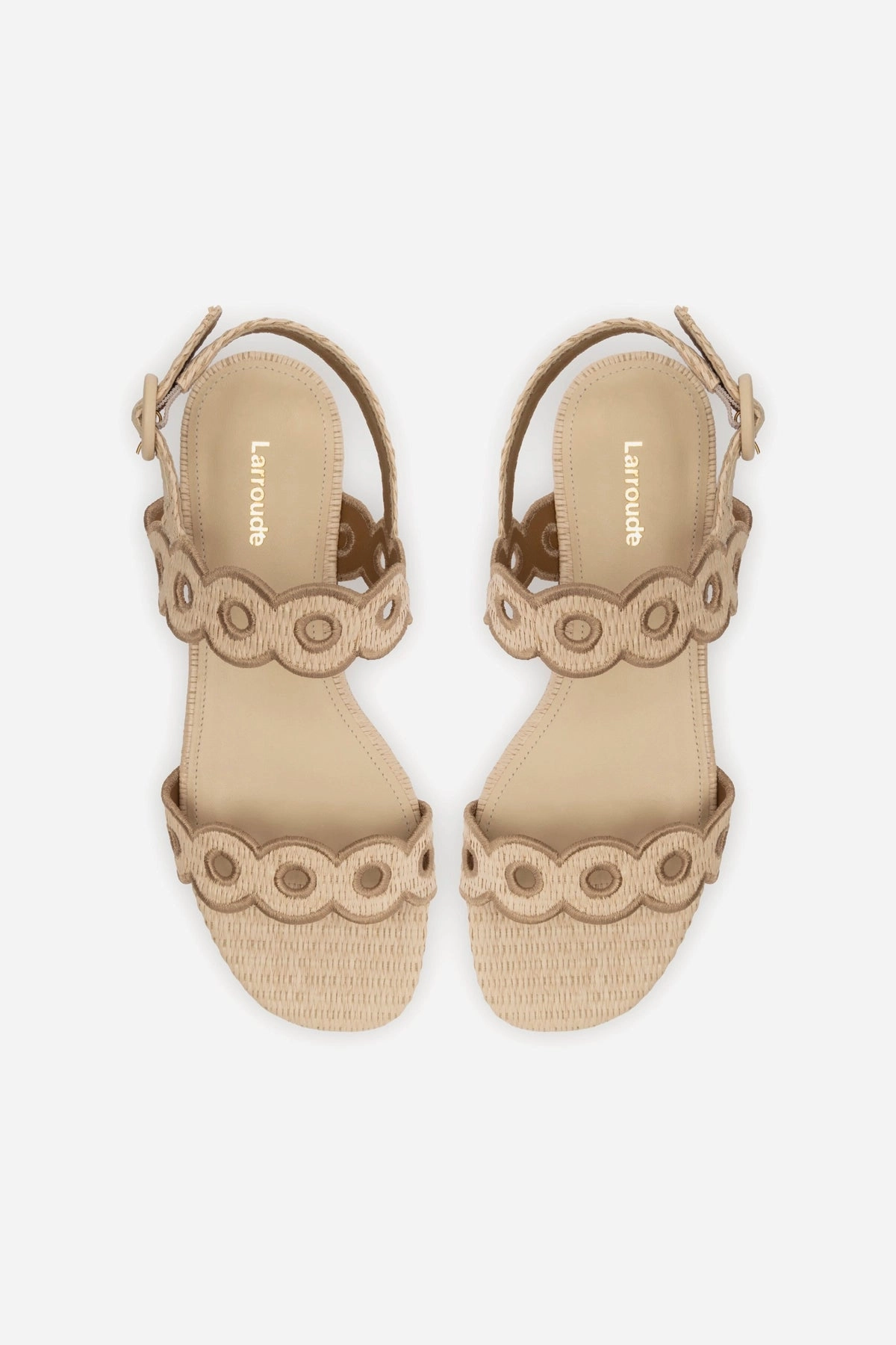 Florence Broderie Flat Sandal In Natural Raffia and Hazelnut Trimming