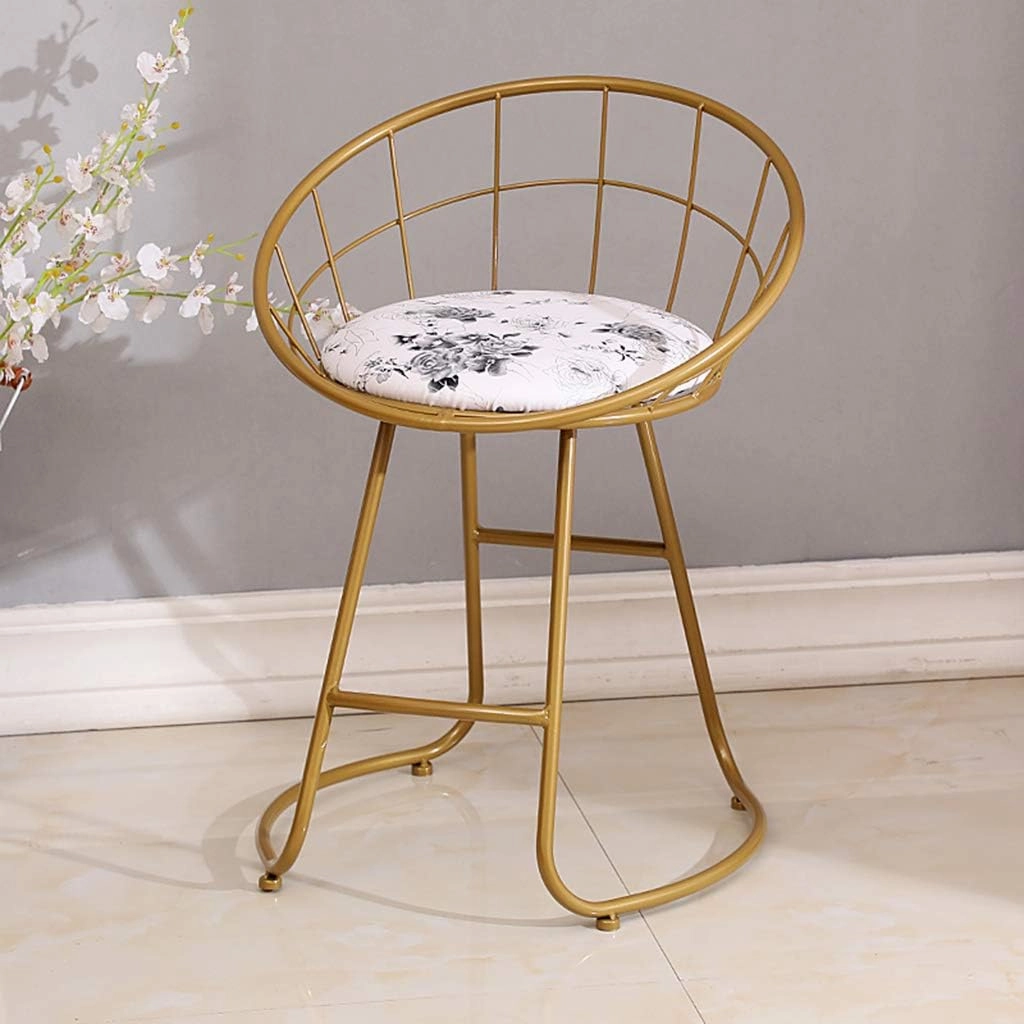 JHSLXD Schoolgirl Dressing Table Makeup Stool Creative Bedroom Metal Wrought Iron Round Stool Golden Antirust Shoe Change Stool Child Dining Chair,Black Flower