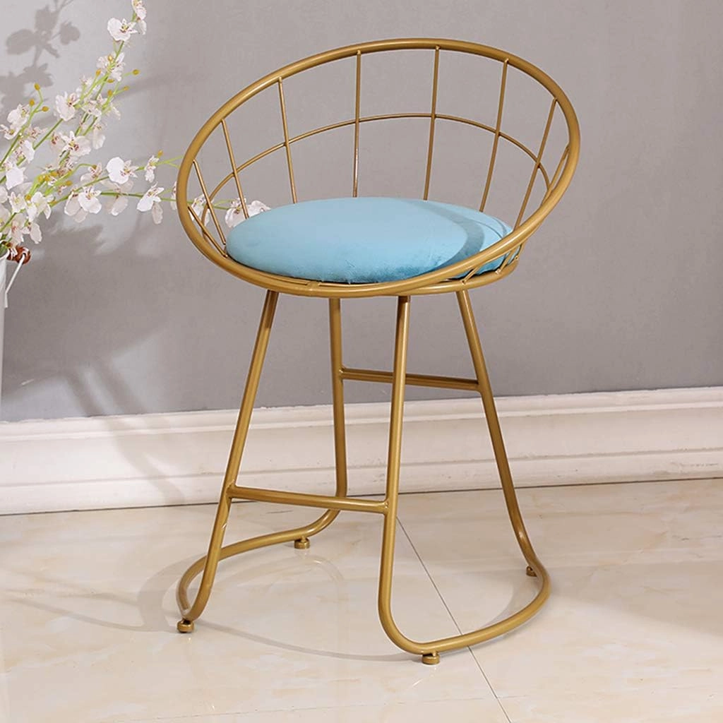JHSLXD Schoolgirl Dressing Table Makeup Stool Creative Bedroom Metal Wrought Iron Round Stool Golden Antirust Shoe Change Stool Child Dining Chair,Blue Cloth