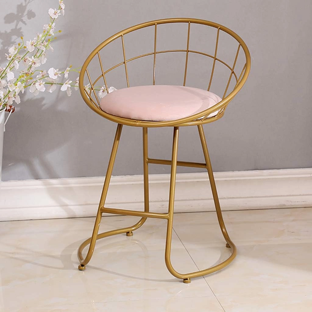 JHSLXD Schoolgirl Dressing Table Makeup Stool Creative Bedroom Metal Wrought Iron Round Stool Golden Antirust Shoe Change Stool Child Dining Chair,Pink Cloth