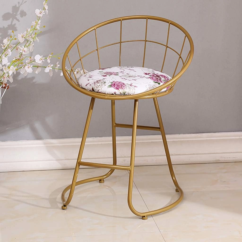 JHSLXD Schoolgirl Dressing Table Makeup Stool Creative Bedroom Metal Wrought Iron Round Stool Golden Antirust Shoe Change Stool Child Dining Chair,Purple Flower