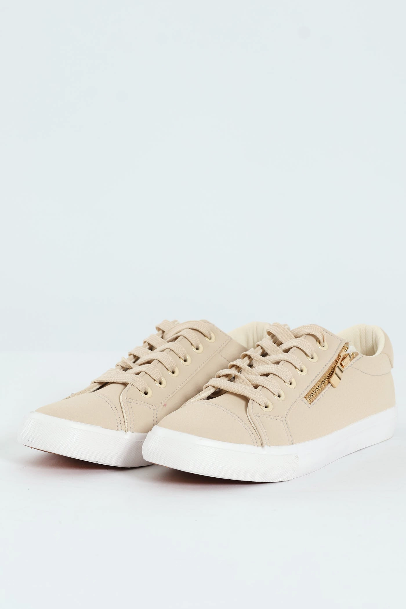 Lace Up Textured Sneaker With Zip - Stone