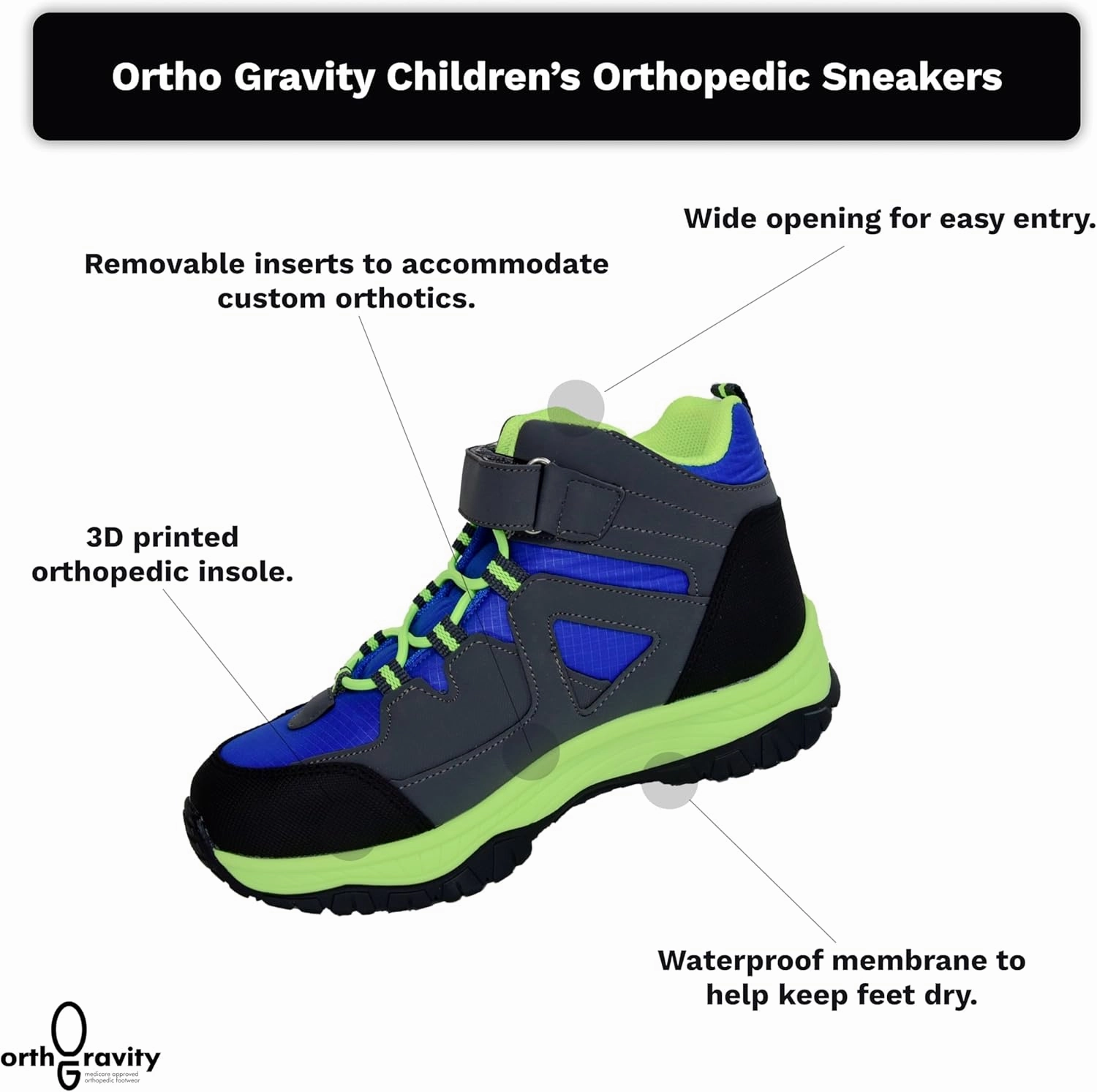 Orthopedic StrideCare 360 Kids High Top Sneakers, Wide Opening, Removable Inserts