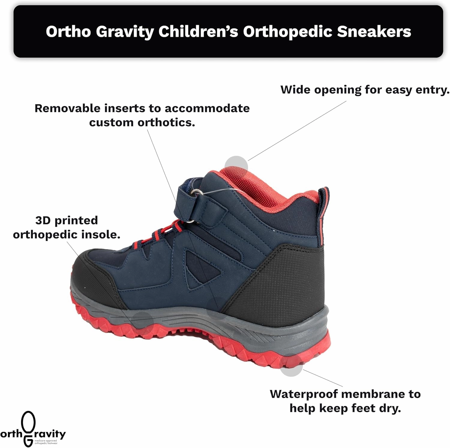 Orthopedic StrideCare 360 Kids High Top Sneakers, Wide Opening, Removable Inserts