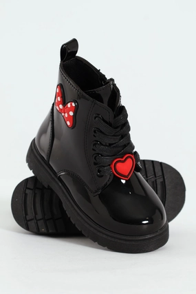 Pre-Girls Patent Bow Mlitary Boot - Black