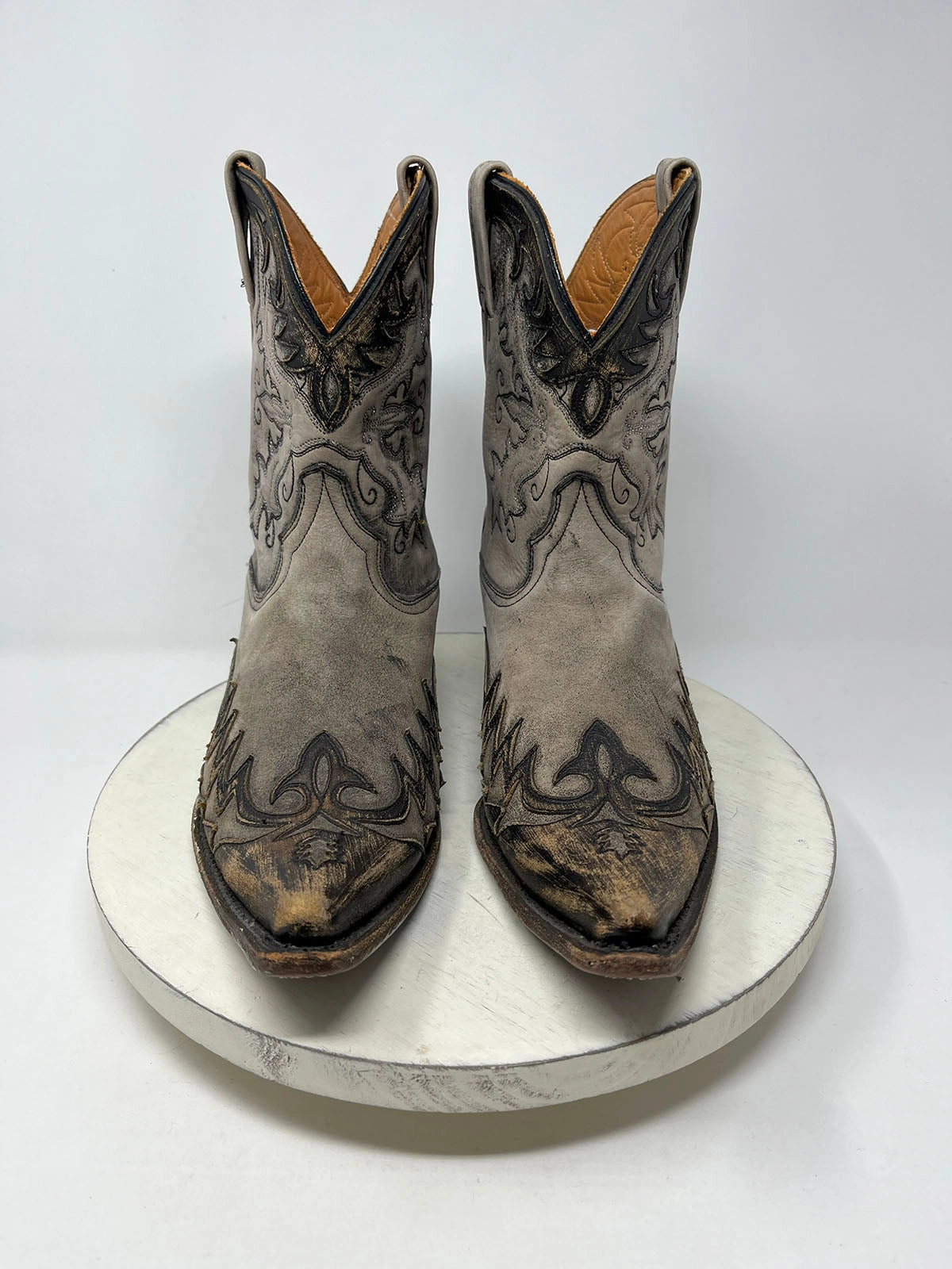 Stetson Size 10.5 Taupe & Brown Embroidered Cowgirl Boots