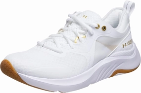 Under Armour Womens HOVR Omnia Court Shoes Metallic 'White Metallic Gold Luster' Size 10.5