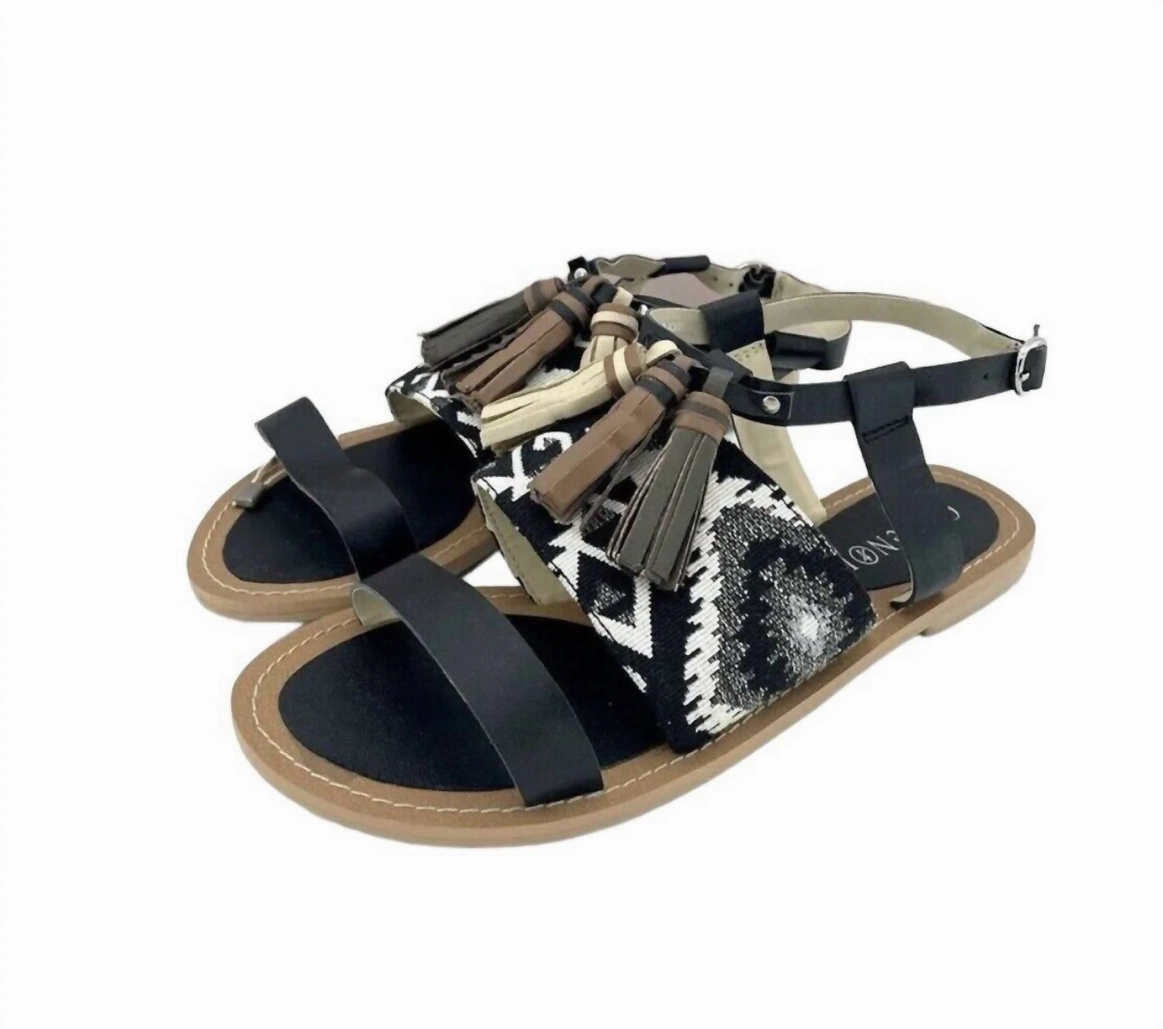 Women's Leather Tassels Strappy Flat Sandals In Black