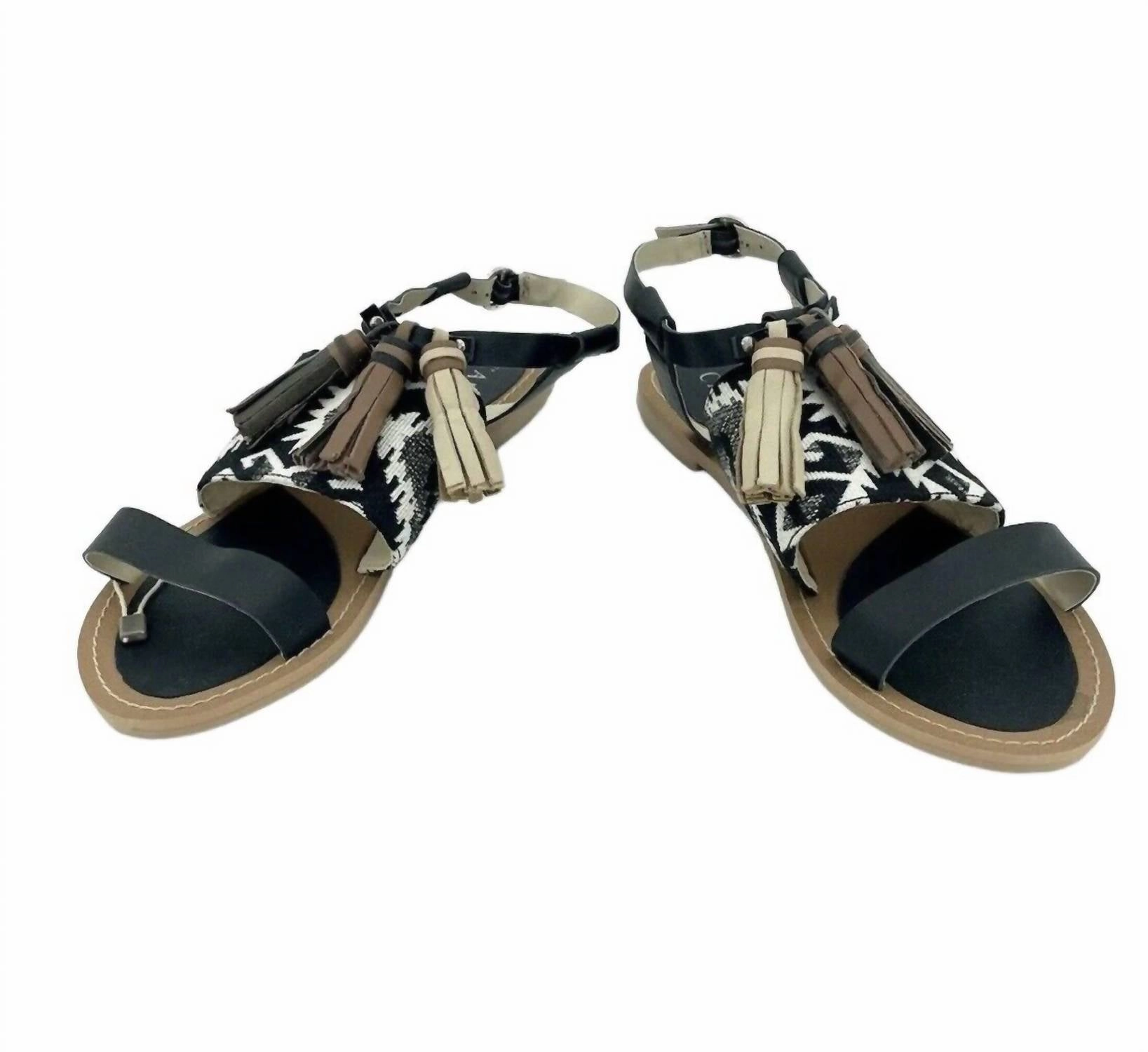 Women's Leather Tassels Strappy Flat Sandals In Black
