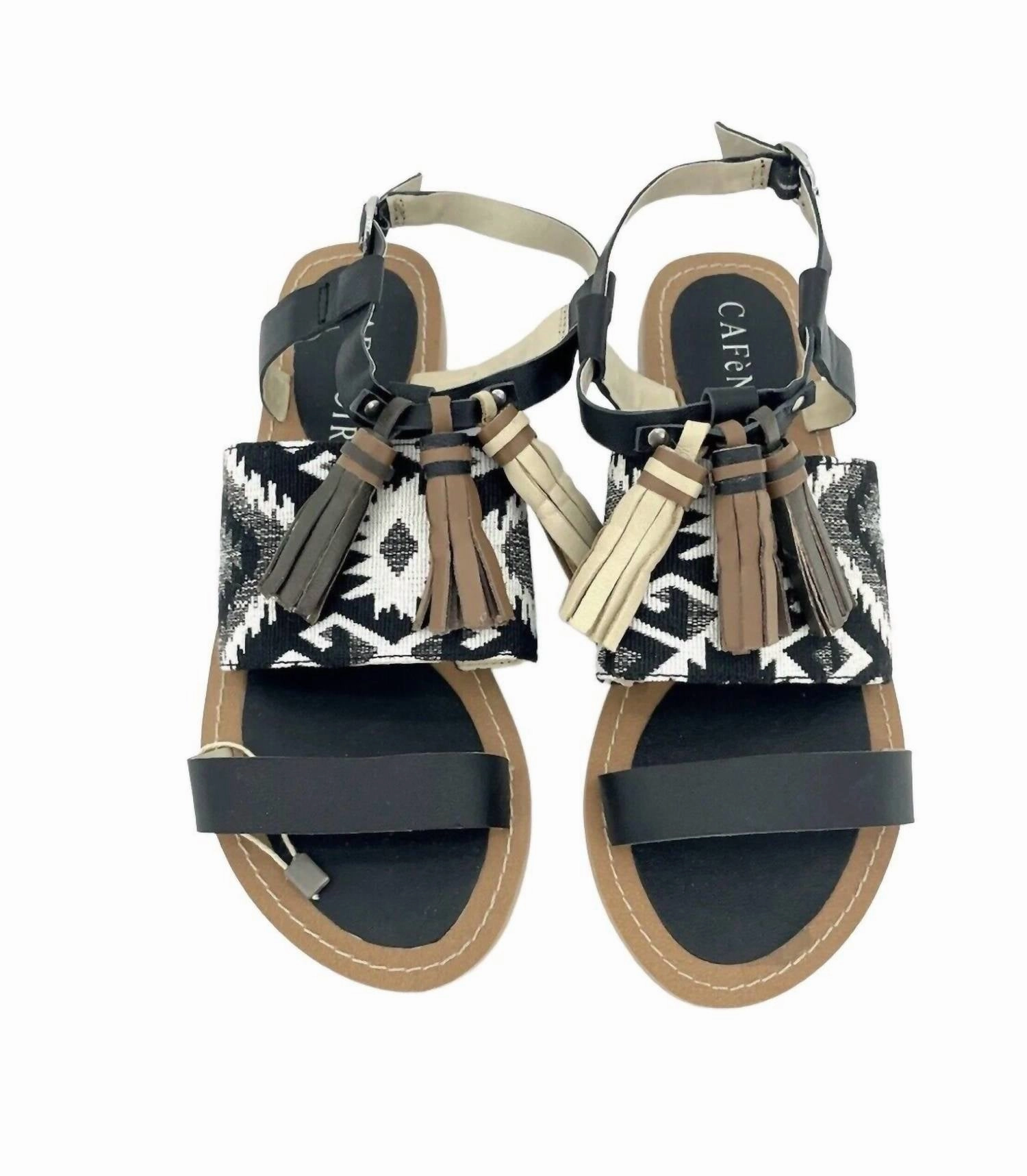 Women's Leather Tassels Strappy Flat Sandals In Black