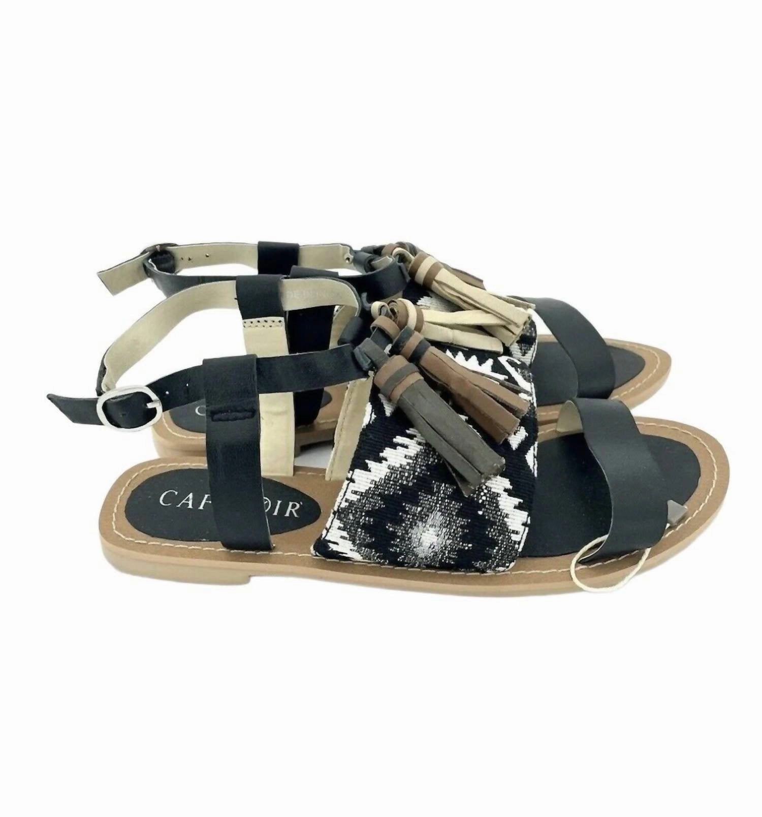 Women's Leather Tassels Strappy Flat Sandals In Black