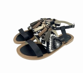 Women's Leather Tassels Strappy Flat Sandals In Black