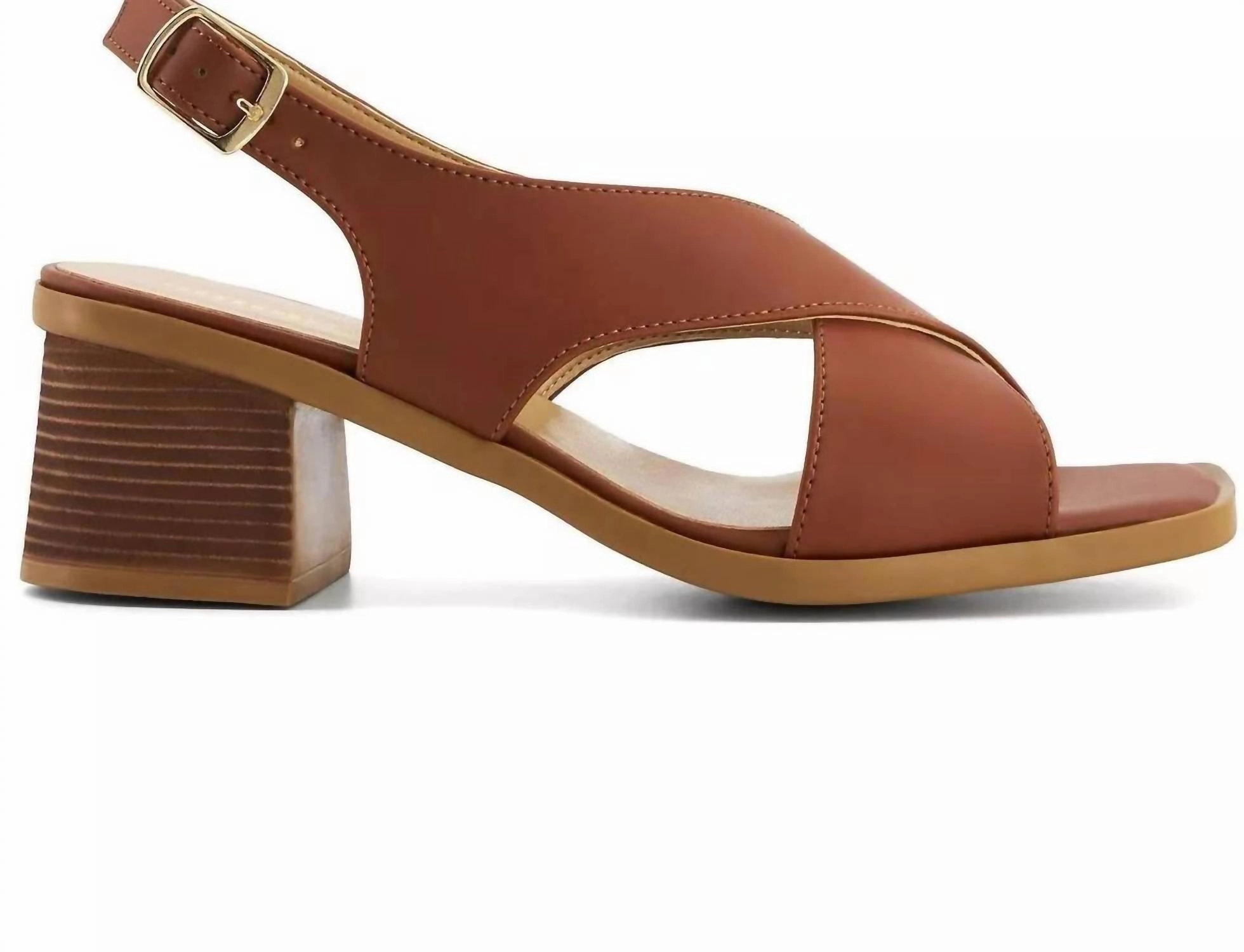 Women's Medium Heel Crossed Strap Sandal In Brown